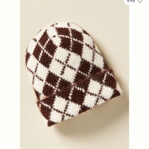Anthropologie Brown and White Argyle Knit Beanie
